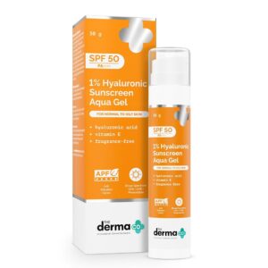 the derma co 1% hyaluronic sunscreen aqua gel spf 50 pa++++ | hydrating, lightweight & non greasy | no white cast | broad spectrum & blue light protection | clinically tested (in vivo) | 50 g